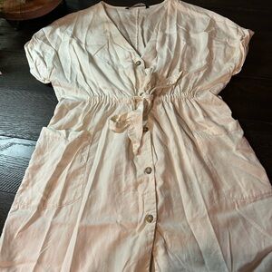 Zara cream Button-Down Dress with Pockets and tie waist